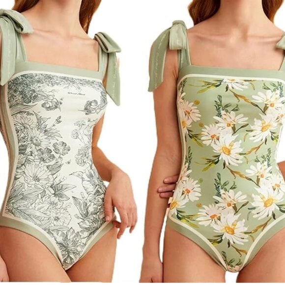 Visual Mood reversible pale green floral print swimsuit, "violet" style - Picture 1 of 3